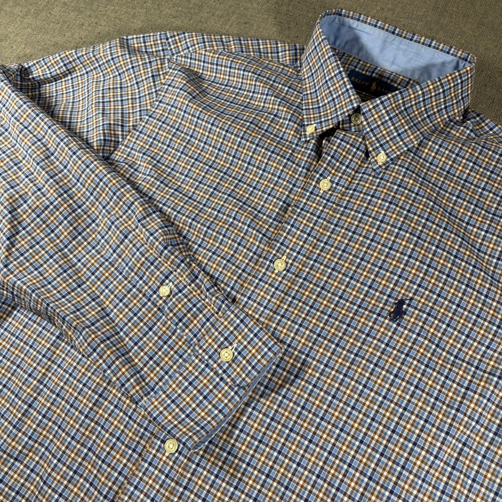 Ralph Lauren Button Down Shirt Mens Large Blue Brown Plaid Stretch Long Sleeve